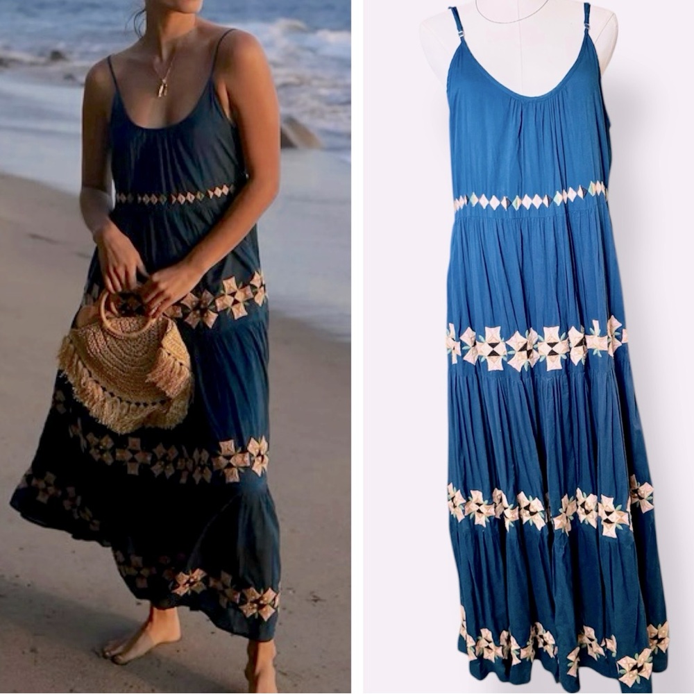 ROLLER RABBIT Navy Blue Embroidered Tiered Sundress Boho Maxi Dress
